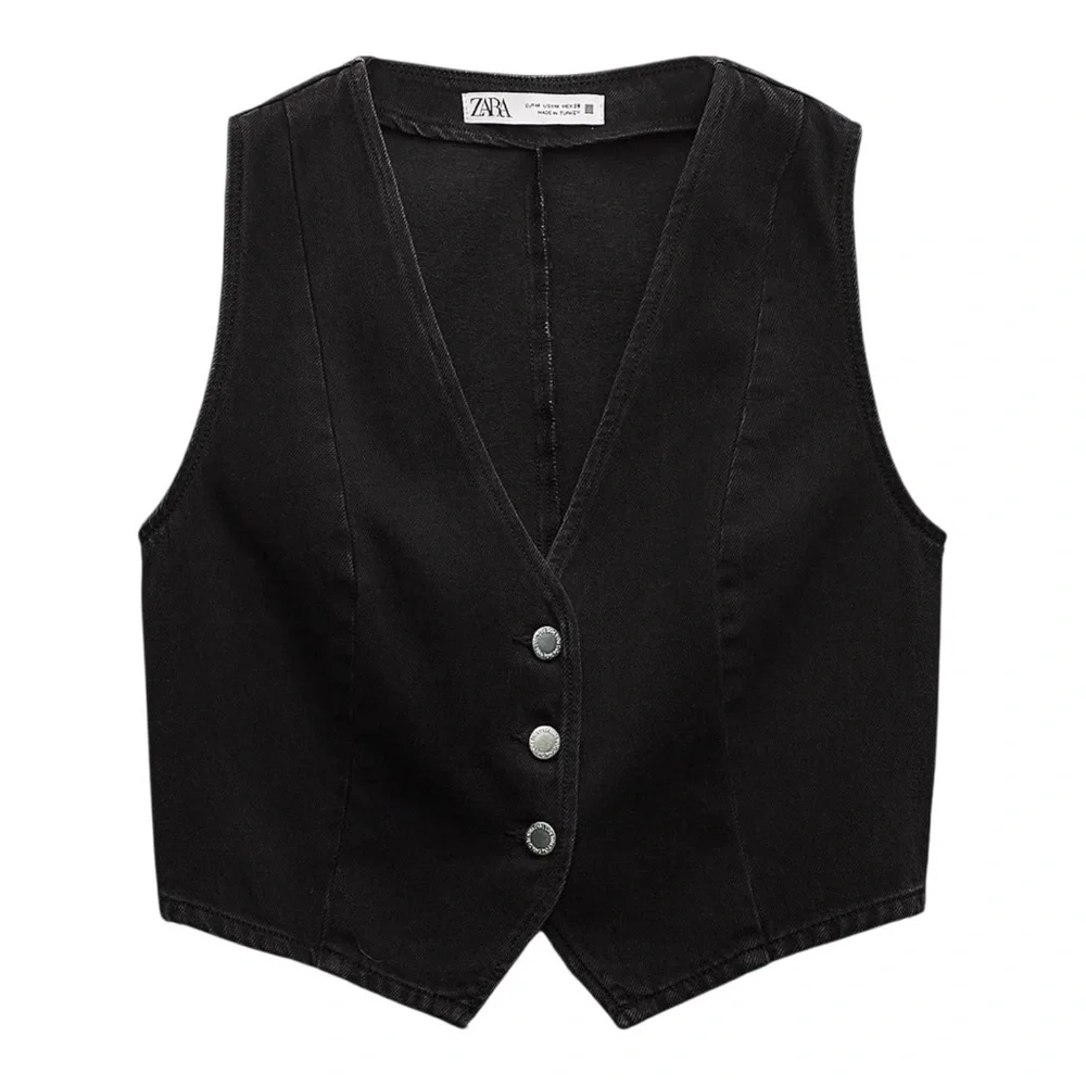ZARA Cropped Black Denim Vest – Size S – New With Tags - Picture 1 of 4